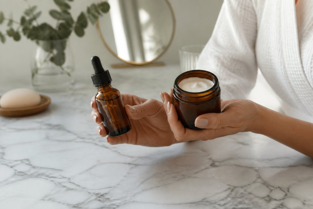Hände halten ein bernsteinfarbenes Glasgefäß mit Creme neben einer Flasche feuchtigkeitsspendendem Serum, arrangiert auf einer Marmoroberfläche mit weichem Naturlicht