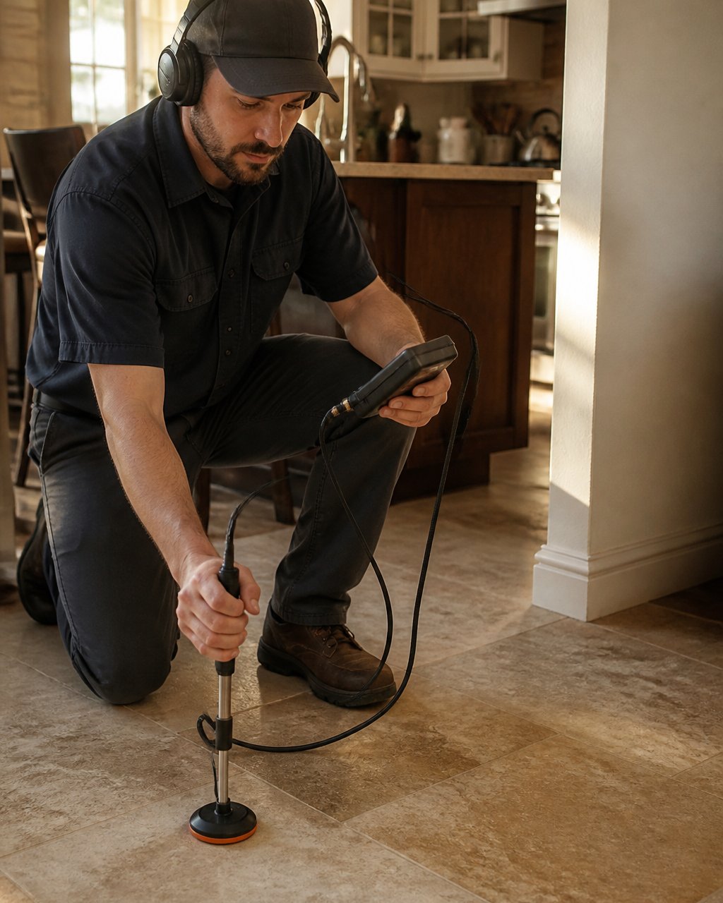 Professional technician using acoustic and thermal imaging equipment to detect a slab leak beneath residential concrete flooring, demonstrating non-invasive diagnostic method in a home's interior
