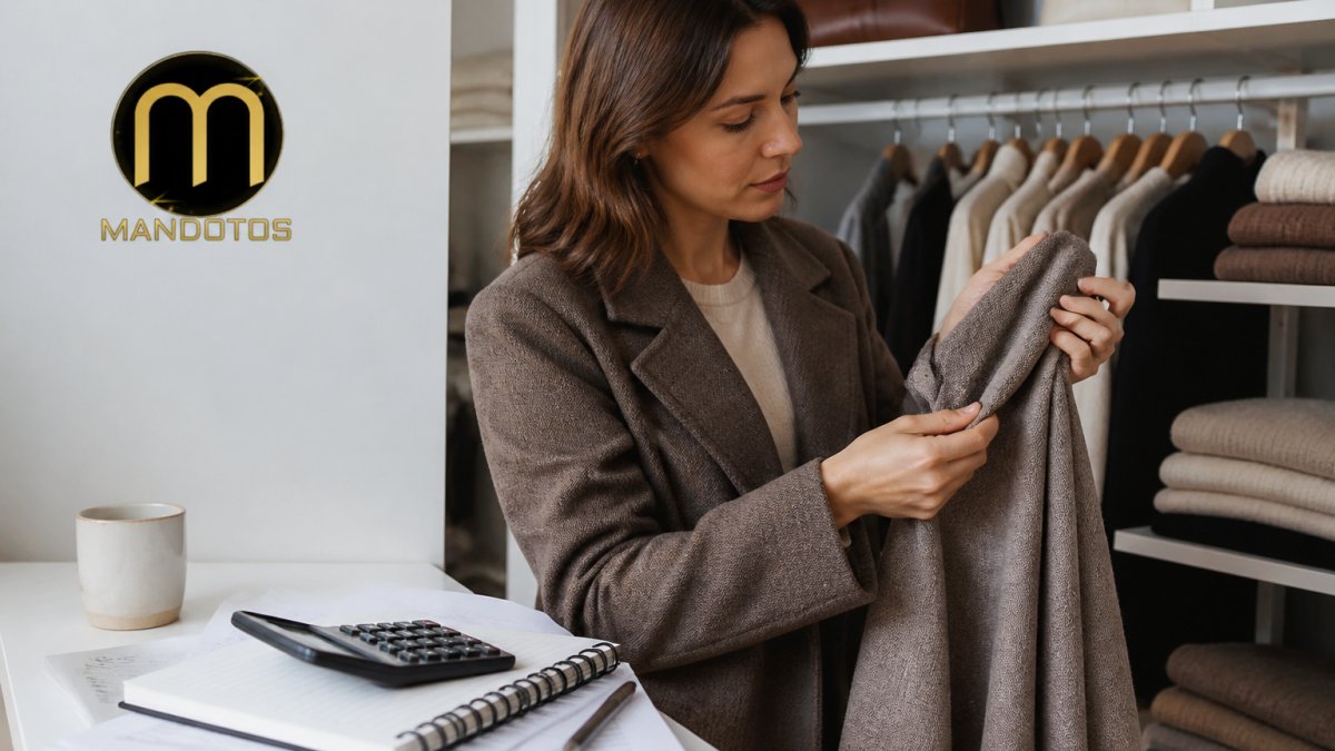 Woman examining a wool coat in a closet with a calculator and notebook nearby