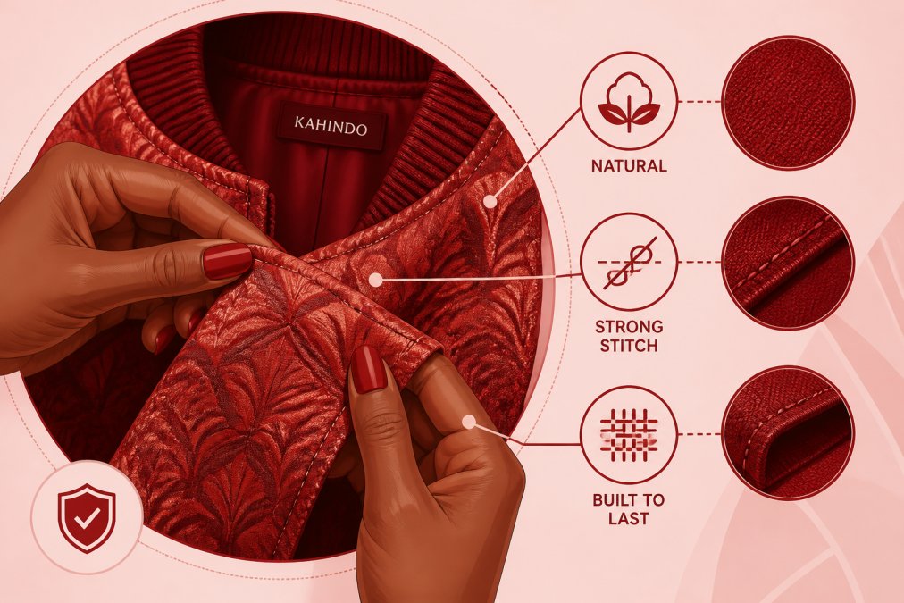 Close-up of hands examining fine textile details and stitching on a handcrafted garment, showing quality construction and natural fabric texture with warm studio lighting