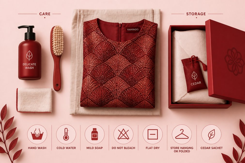 Flat lay of garment care items including delicate wash soap, soft brush, and folded luxury dress on natural linen, showing proper storage and maintenance setup with warm natural lighting
