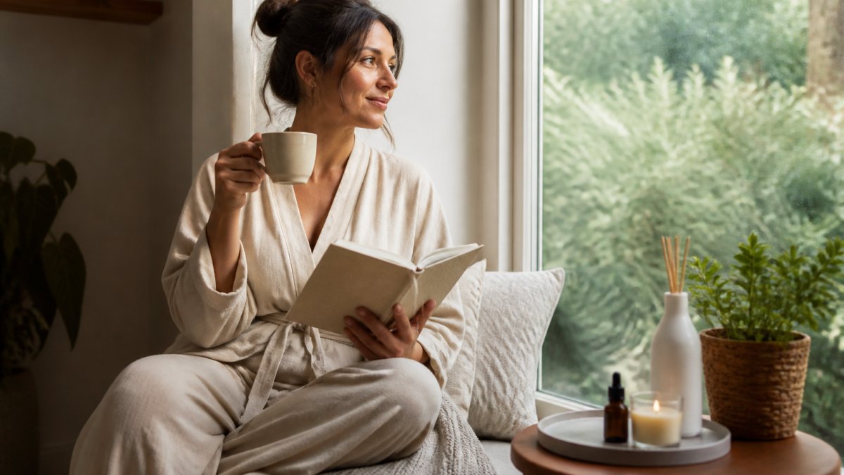 Professional in comfortable loungewear journaling by a sunlit window with a warm drink