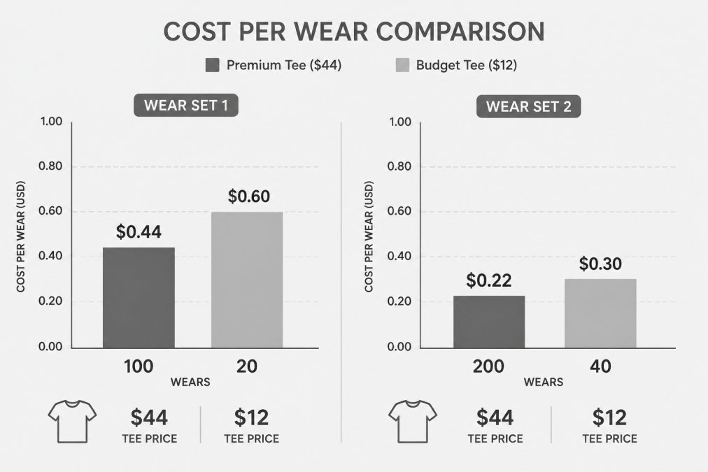 Bar chart comparing the cost per wear of premium versus budget clothing items over varying usage cycles.
