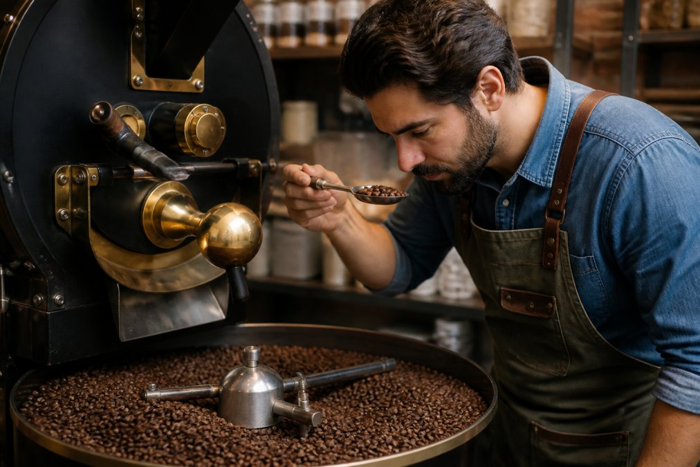 Roastmaster checking the color of freshly roasted small batch coffee beans in a drum roaster cooling tray