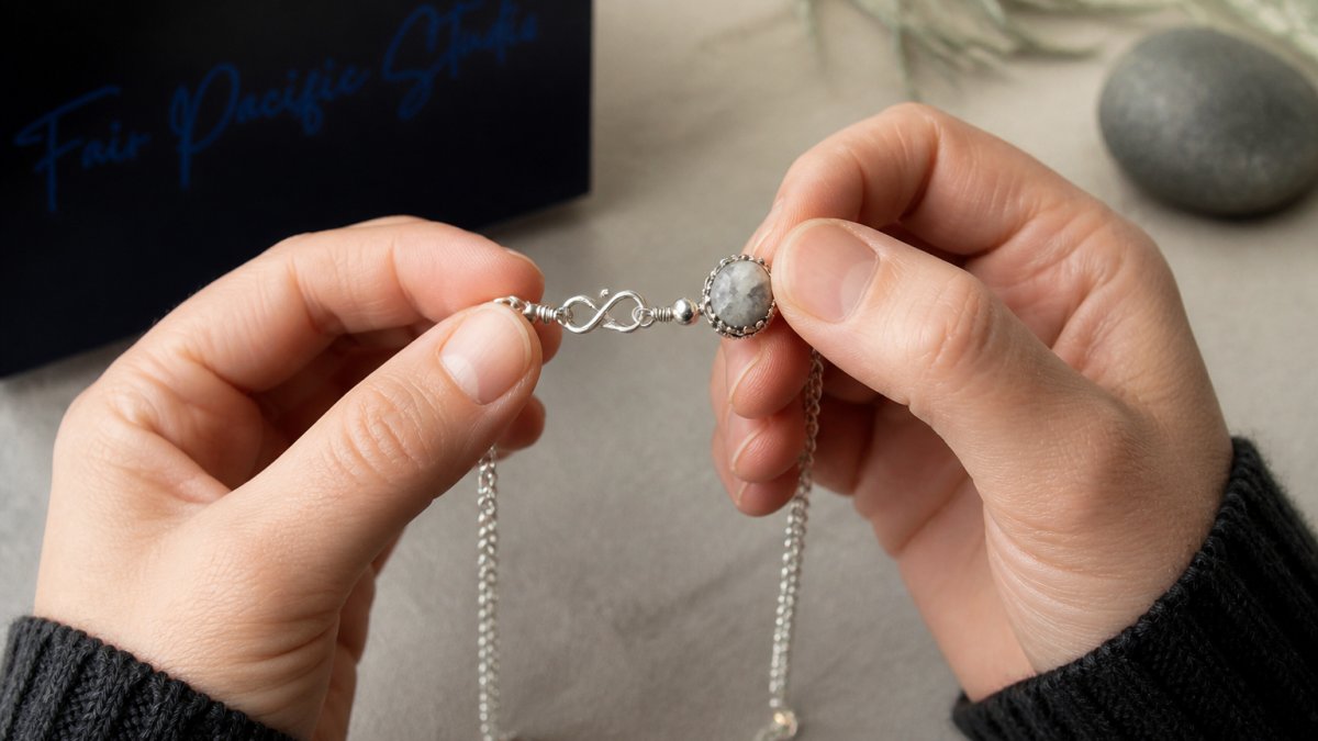 Close-up of hands examining a handcrafted sterling silver necklace with natural stone, showing detail of the clasp and metalwork against a neutral background