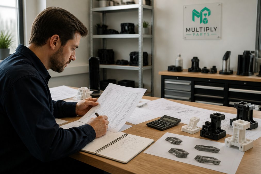 Engineer reviewing small batch manufacturing specifications and cost calculations at a desk with prototypes