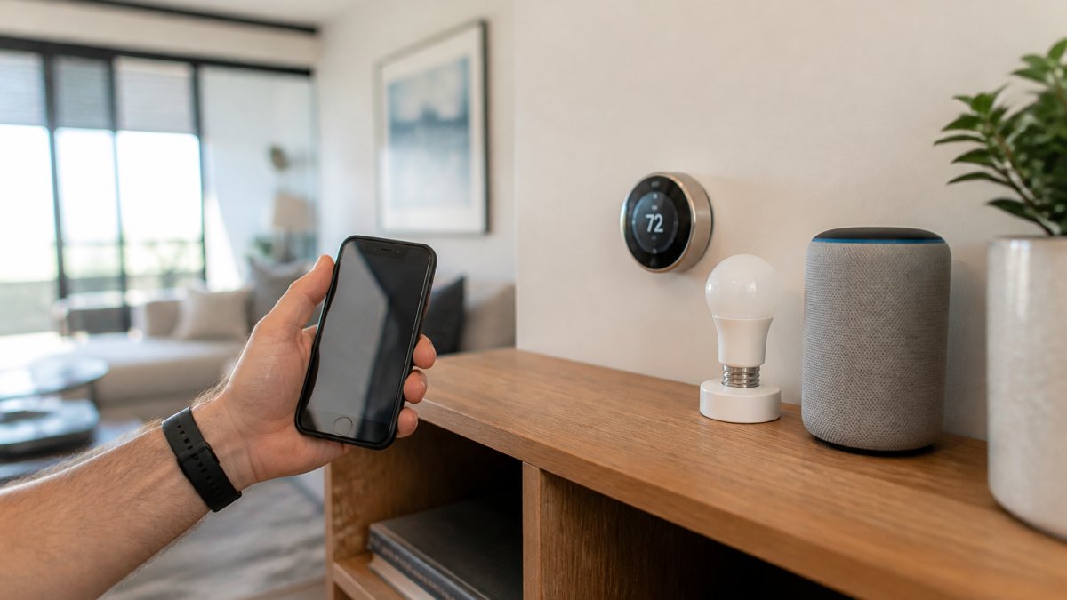 Homeowner's hand holding a smartphone displaying a smart home app interface, with a smart thermostat, smart light bulb, and smart speaker visible on a nearby shelf in a modern living room