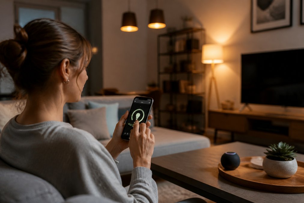 A homeowner adjusting smart lighting settings on a smartphone app in a modern living room with warm ambient lighting