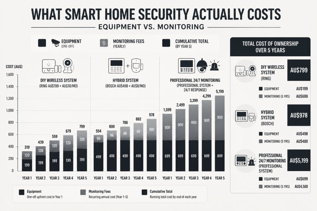Bar chart comparing total cost of ownership over 5 years: DIY wireless system (Ring AU$199 + AU$10/mo monitoring), hybrid system (Bosch AU$498 + AU$8/mo), professional 24/7 monitoring (Tupper Security professional system + 24/7 response). Show equipment cost, year 1-5 subscription/monitoring fees, and cumulative total by year 5.