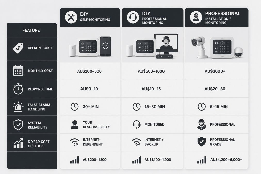 Feature comparison matrix showing DIY self-monitoring vs DIY professional monitoring vs professional installation/monitoring. Rows: upfront cost (AU$200-500 vs AU$500-1000 vs AU$3000+), monthly cost (AU$0-10 vs AU$10-15 vs AU$20-30), response time (30+ minutes vs 15-30 minutes vs 5-15 minutes), false alarm handling (your responsibility vs monitored vs professional), system reliability (internet-dependent vs internet-dependent vs redundant systems), insurance discount eligibility (unlikely vs possible vs likely).