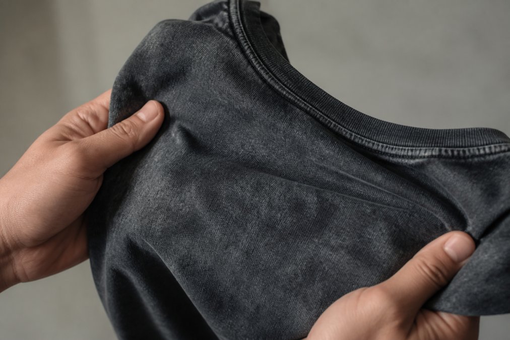Close-up of a person's hands holding a snow-washed cotton t-shirt, showing the faded highs and lows of the fabric texture against a neutral background