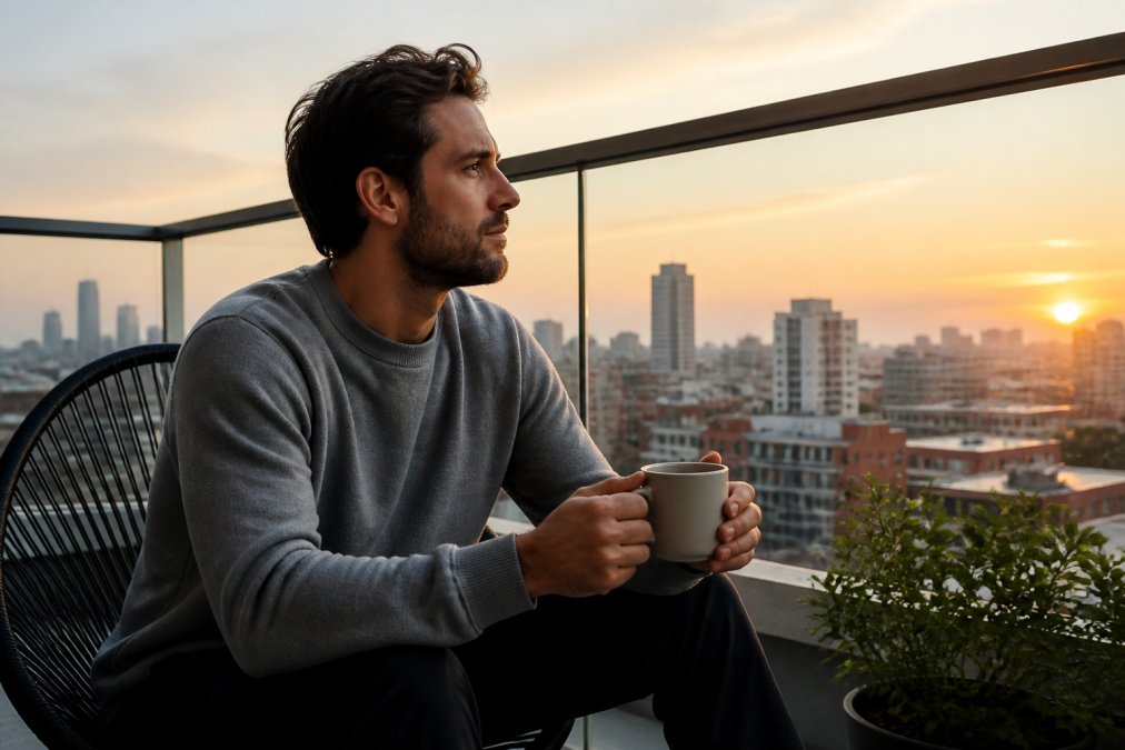 Person in a minimalist sweatshirt drinking coffee on a modern balcony at sunrise