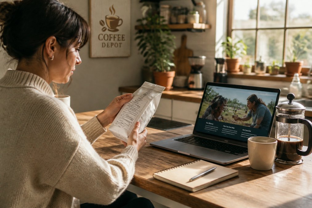 A person at a kitchen counter reading a coffee bag label closely, with a laptop open nearby showing a charity's website, warm morning light