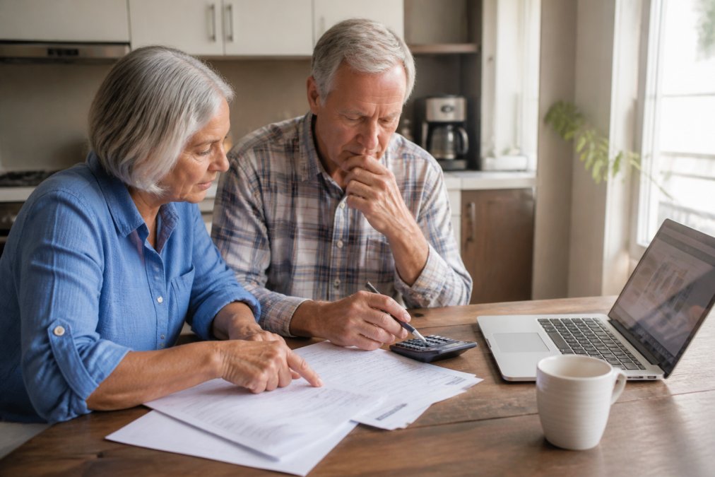 An older couple reviewing a paper budget and calculator at a kitchen table, with a laptop showing a retirement planning website and a cup of coffee nearby