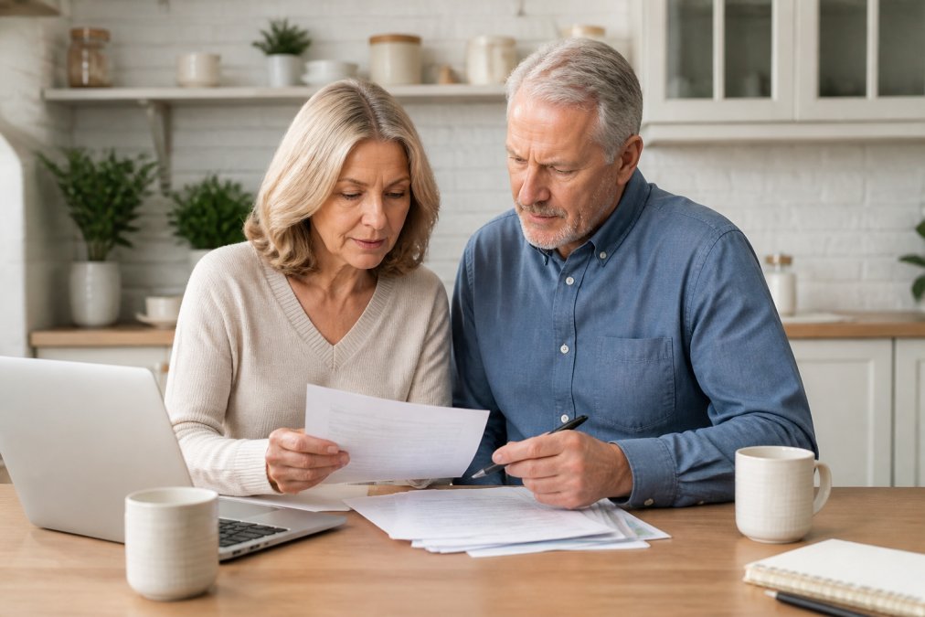 A relaxed couple in their early 60s reviewing financial documents together at a bright kitchen table with a laptop and coffee mugs