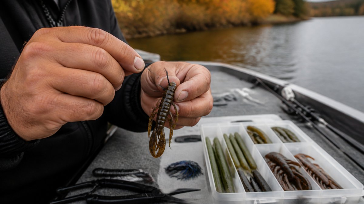 Close-up of an angler's hands threading a soft plastic creature bait onto a wide-gap hook beside a tackle tray on a boat deck, autumn shoreline blurred in the background