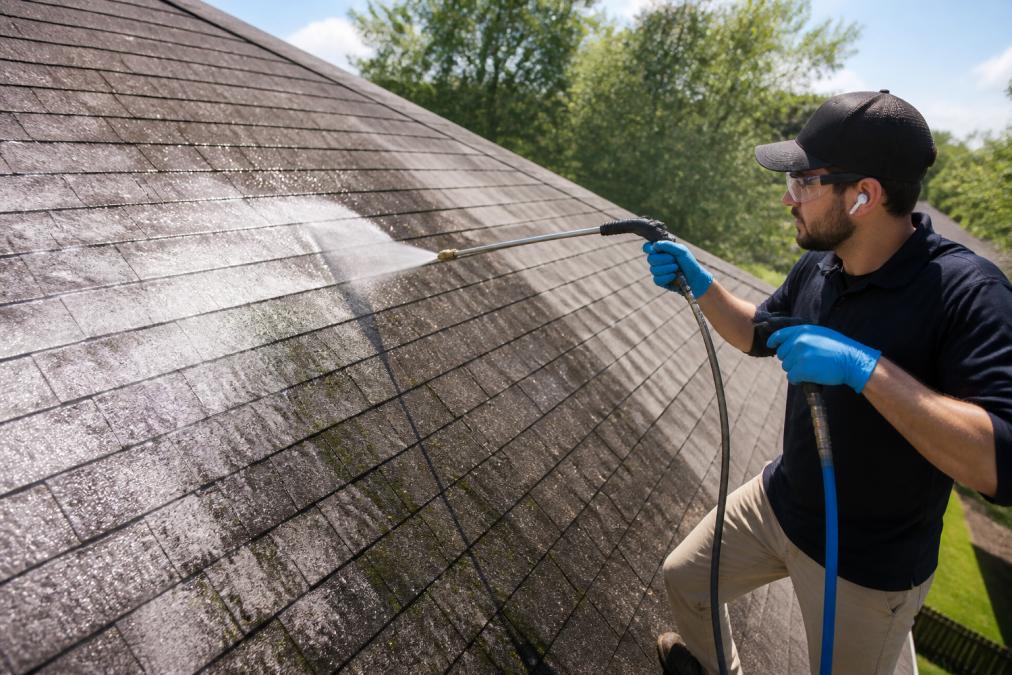 Technician using a soft wash roof cleaning system to remove black algae streaks from asphalt shingles