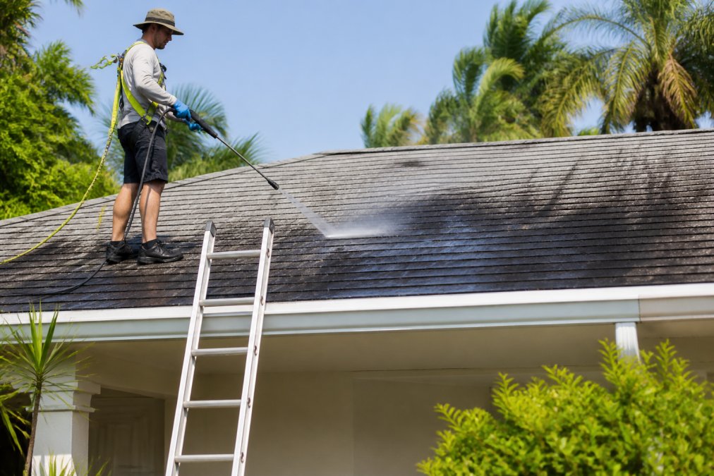 Technician in safety gear using a soft washing system to remove black streaks from residential roof shingles