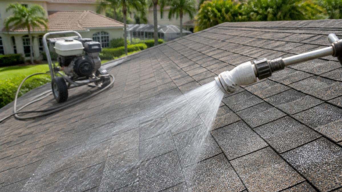 Soft washing nozzle spraying cleaning solution onto residential asphalt shingles with a pressure washer nearby