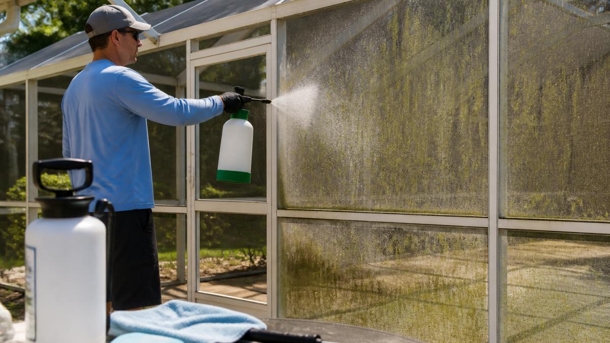 A person using a pump sprayer to apply cleaning solution to a lanai screen enclosure, with green algae visible on the mesh and aluminum frame, bright afternoon sunlight