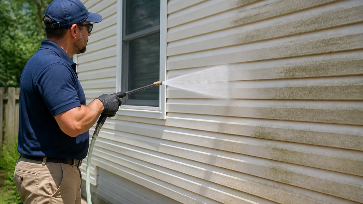 Professional technician applying soft washing solution to residential vinyl siding with low-pressure spray equipment in bright afternoon sunlight