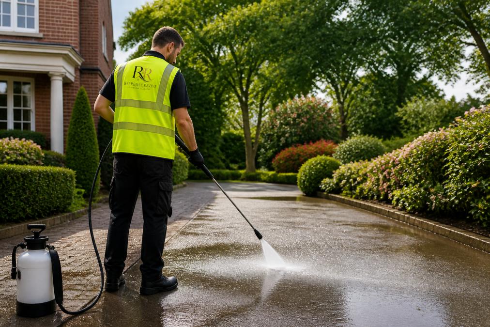 Professional soft washing technician in high-visibility clothing carefully applying treatment to driveway with low-pressure equipment, garden plants and mature landscaping visible in the background, bright daylight