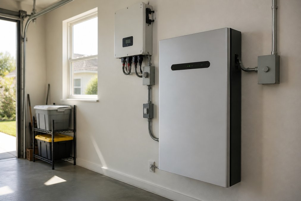 Close-up of a modern lithium-ion battery unit installed in a residential garage with visible inverter and mounting hardware, natural daylight streaming through a window