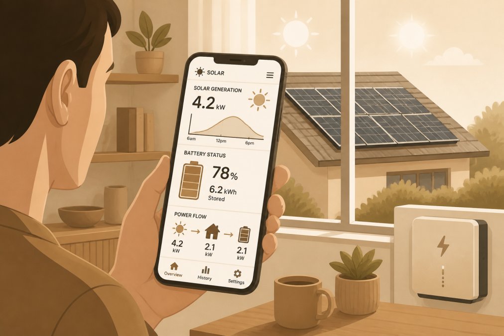 Homeowner checking solar monitoring app on smartphone showing real-time energy generation and battery status during daylight, with solar panels visible through a window