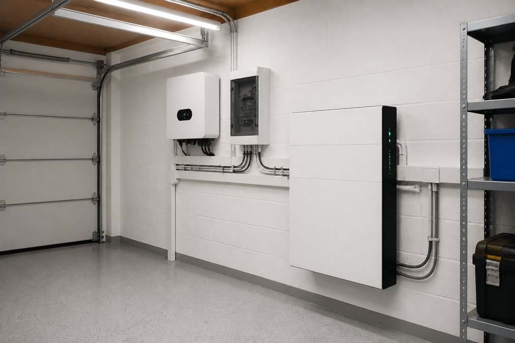 A wall-mounted home battery storage unit installed in a clean white garage, with a solar inverter and neatly routed wiring arranged alongside it on the wall, under bright LED workshop lighting