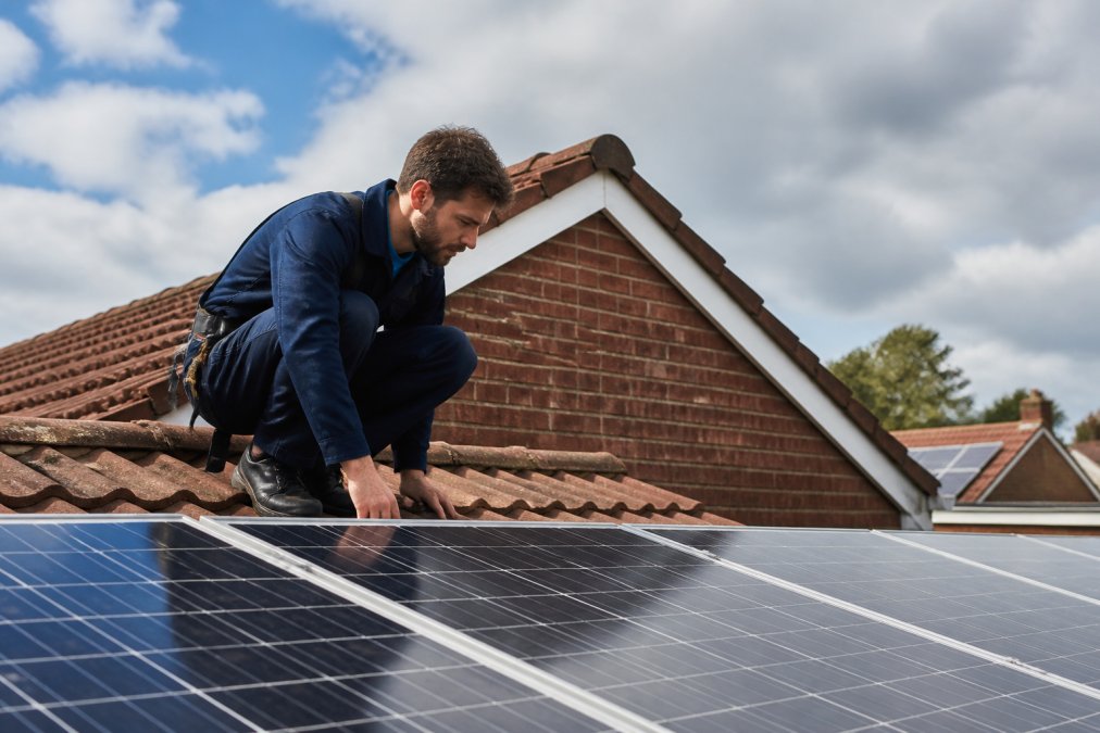 A technician in navy workwear crouching to inspect an existing rooftop solar panel array on a red-brick residential property, on a partly cloudy day with soft natural light