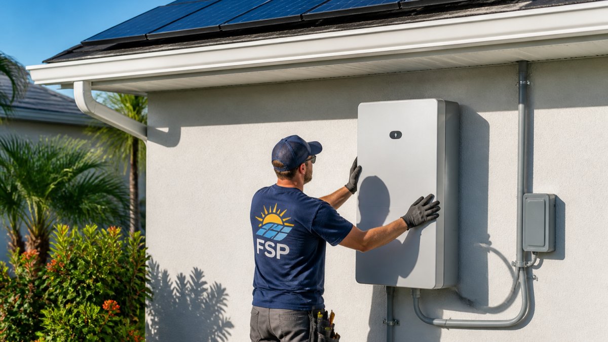 Professional technician installing a battery unit on the exterior wall of a home, with solar panels visible on the roof above, bright afternoon sunlight casting shadows on the wall