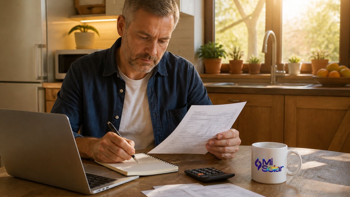 A homeowner sitting at a kitchen table with a laptop and notepad, reviewing energy bill figures and typing numbers into an online calculator, with sunlight coming through the window behind them