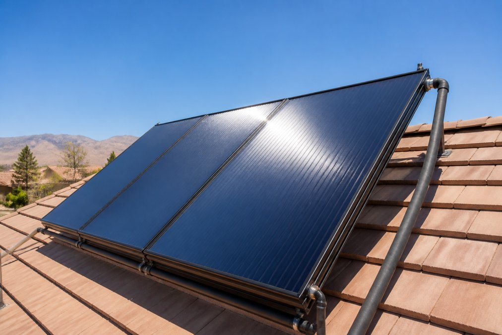 Rooftop solar thermal collector panels mounted on residential home showing dark absorptive surface with plumbing connections, bright sunlight reflecting off the glazing, blue sky in background