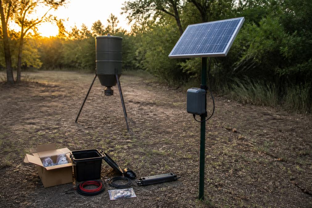 A solar panel mounted on a T-post beside a deer feeder at the edge of a wooded clearing, with a small weatherproof battery box and wiring visible in late afternoon light