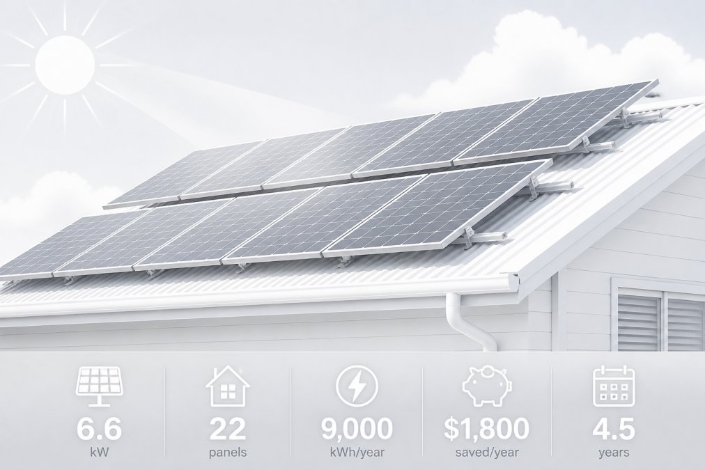 Residential rooftop with solar panels installed in rows, mounting hardware visible against clear blue blue sky and white clouds, showing multiple panels catching sunlight