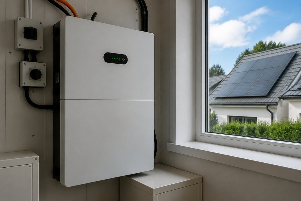 Compact residential battery storage unit mounted in a utility room corner, displaying its LED status indicators, with a window visible in the background showing solar panels on the roof outside