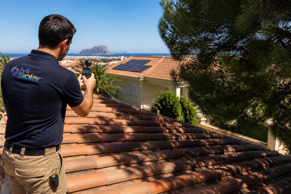 A solar engineer on a tiled villa roof using a handheld shading analysis device, with a neighbour's tree casting a partial shadow across the roof tiles in the afternoon sun