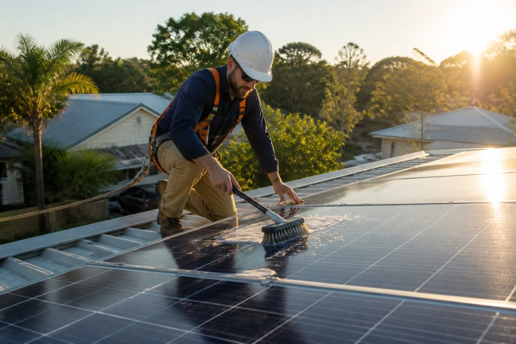 Technician in safety gear inspecting solar panels on residential roof, checking connections and cleaning surfaces with professional cleaning equipment, afternoon sunlight