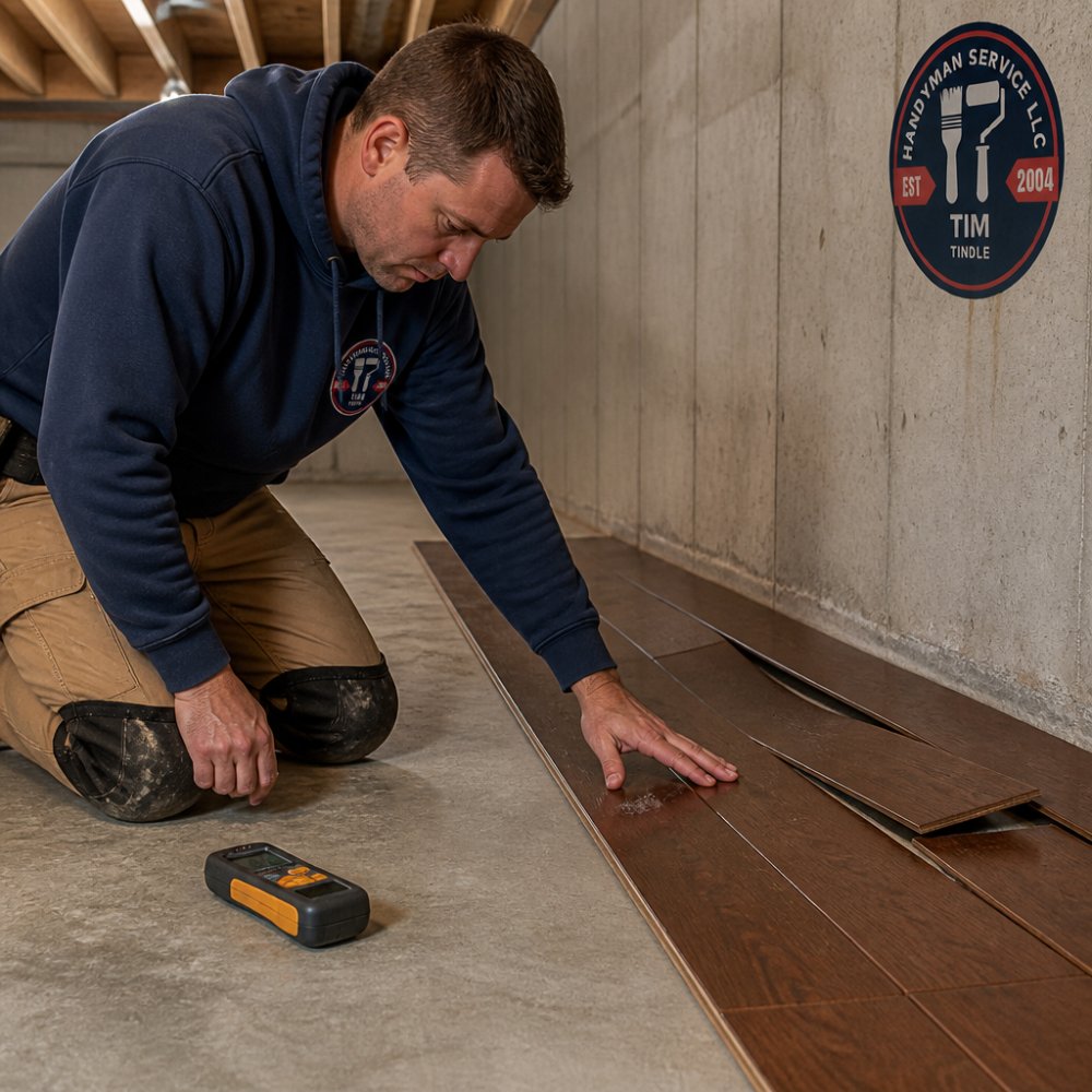 Homeowner checking cupped and warped solid wood flooring in a basement with a moisture meter