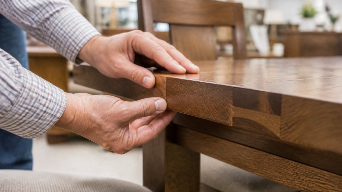 Close-up of a person's hands running along the edge of a wooden dining table, showing the end grain and joinery details in a furniture showroom