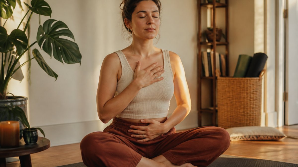 A person sitting cross-legged on a yoga mat in a softly lit room, eyes closed, one hand resting on their chest, calm and focused on breathing
