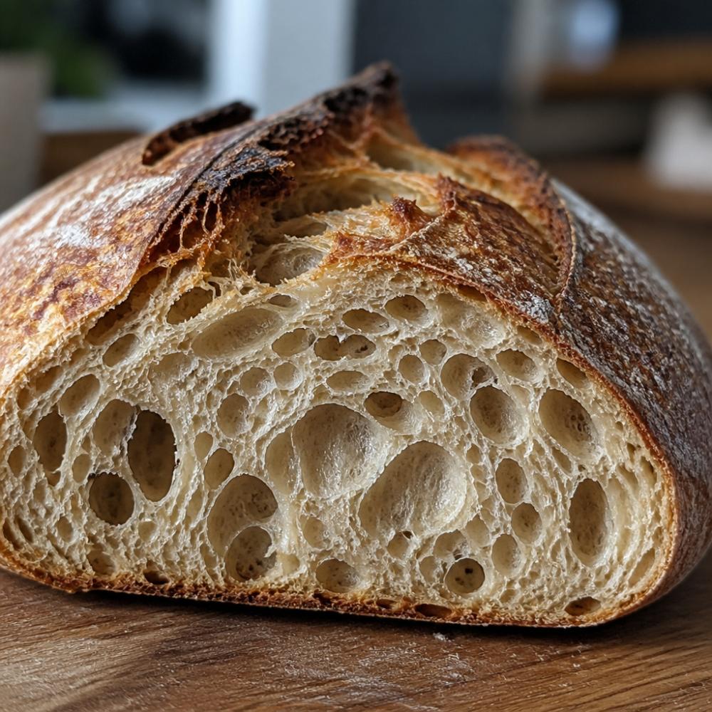 Close-up of a fresh artisan sourdough loaf with a deeply scored crust and open, irregular crumb structure showing the texture created by extended long fermentation