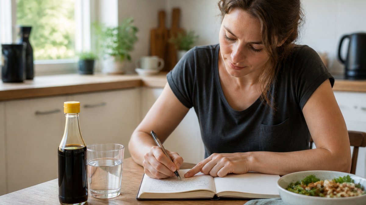 A person writing notes in a small food and symptom journal at a kitchen table, with a bottle of sauce and a glass of water nearby in soft daylight