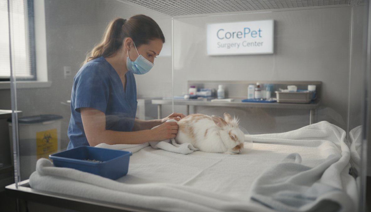 A calm rabbit resting in a comfortable recovery enclosure with soft bedding and gentle lighting, showing a peaceful post-operative environment