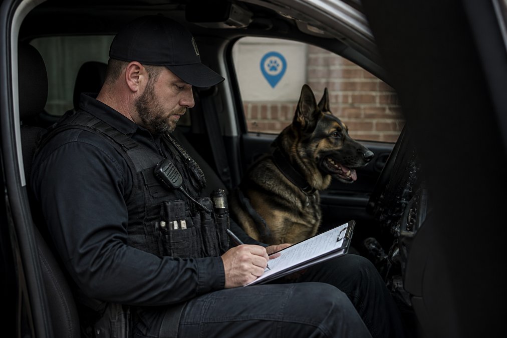 A K9 handler in uniform reviewing incident reports on a rugged laptop in a police vehicle, with a German Shepherd K9 seated beside them