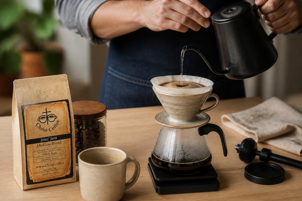 Close-up of hands pouring hot water from a gooseneck kettle over specialty coffee grounds in a ceramic pour-over dripper, with a digital kitchen scale and timer visible on a light wooden counter