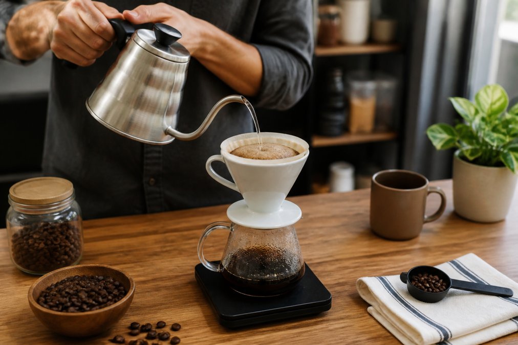 Hands pouring hot water slowly from a gooseneck kettle over coffee grounds in a ceramic pour-over dripper, with whole beans and a timer visible on a wooden counter in natural morning light