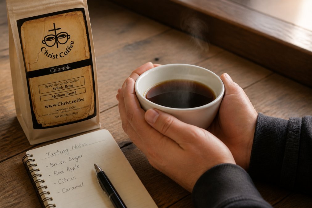 Hands holding a white ceramic cupping bowl filled with specialty coffee, with visible steam rising, notebook with handwritten tasting notes and flavor descriptors visible on the wooden table surface beside the bowl, natural window light illuminating the scene