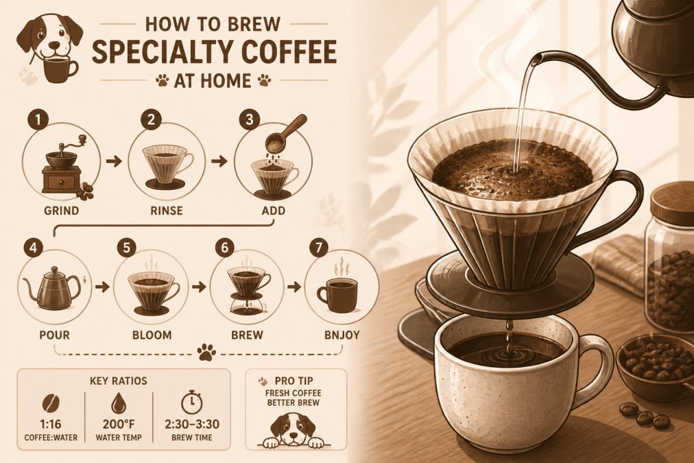 Close-up of freshly ground specialty coffee beans in a pour-over dripper with hot water being poured, steam rising, and a ceramic mug positioned below, showing the active brewing process in natural morning light