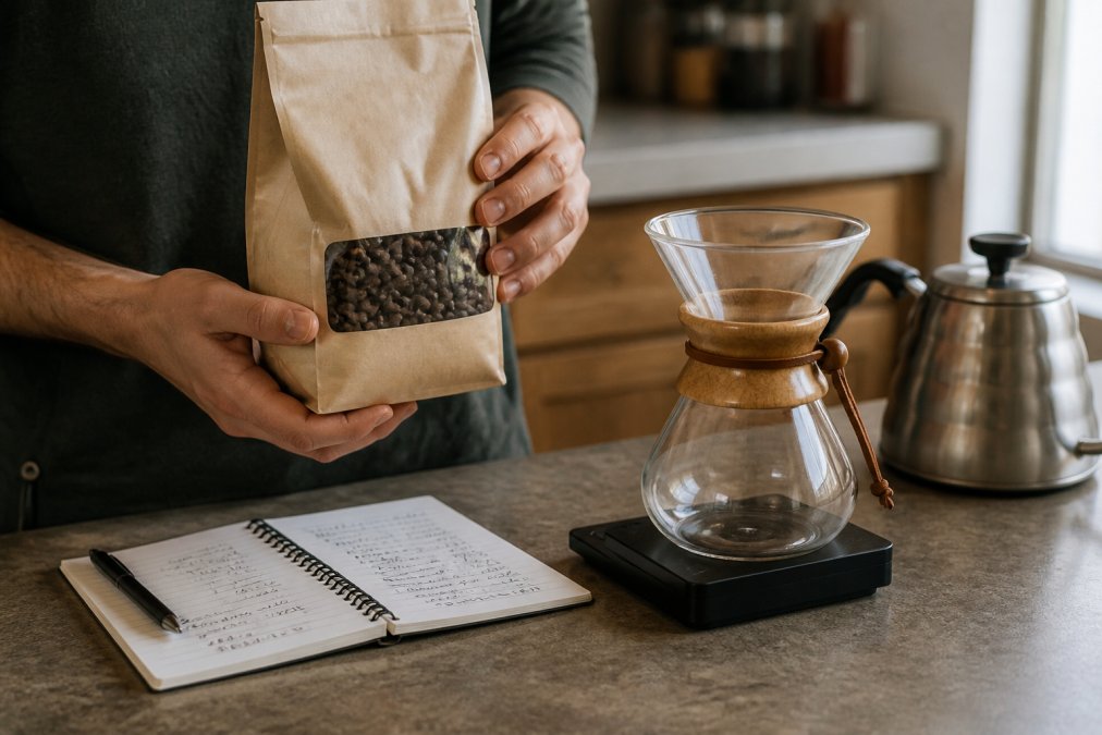 A person's hand holding a bag of whole coffee beans next to a glass pour-over carafe on a kitchen counter, with a notebook showing handwritten calculations in the background